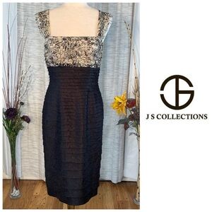 JS Collection shimmering black floral sleeveless sheath party dress.